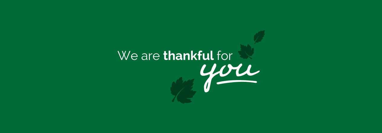 graphic of fall leaves silhouetted on a green background with words over it - We are thankful for you